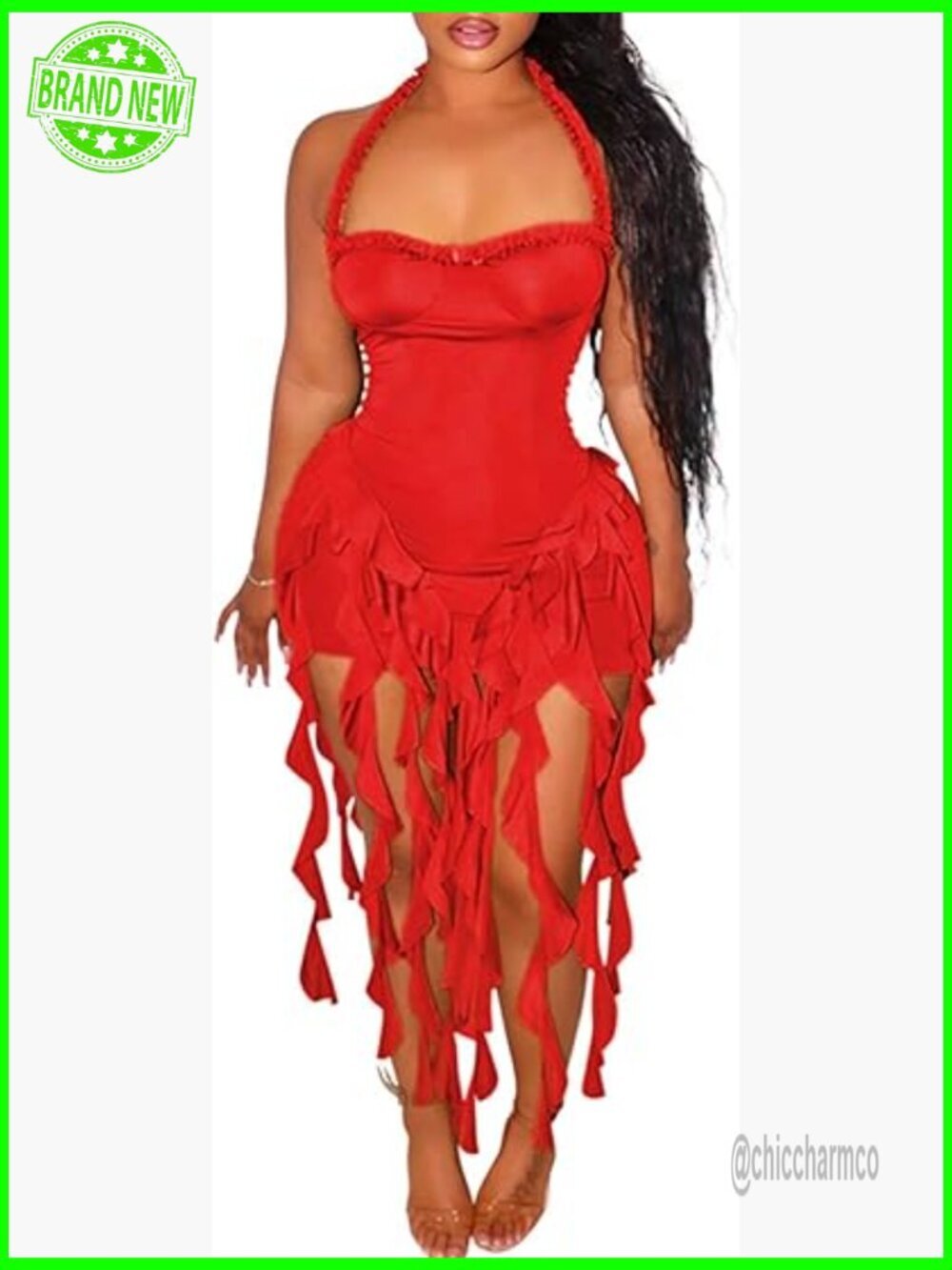 Halter Neck Ruffle Fringe Bodycon Mini Dress Party Club Night Out